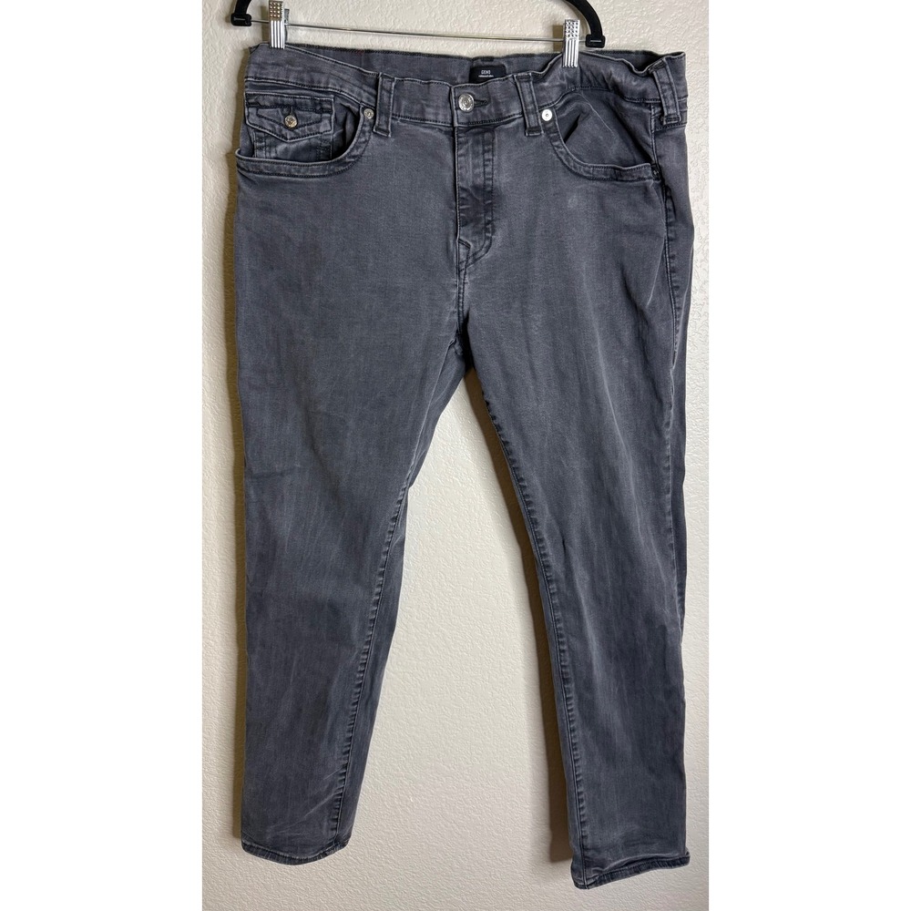 True Religion Mens 42 Geno Relaxed Slim Jeans Gray Flap Pocket Horseshoe Denim